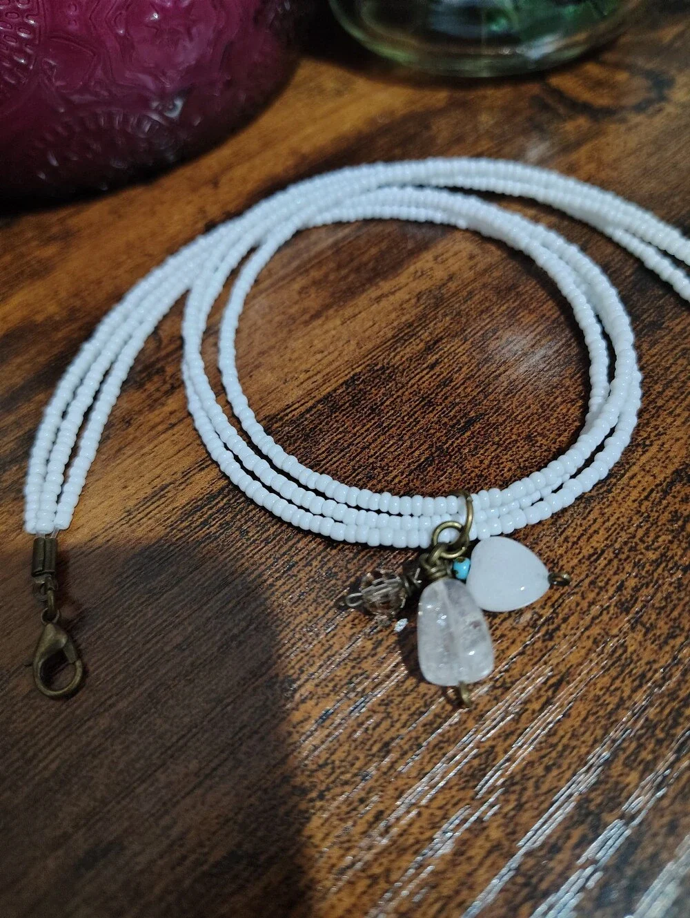 White Beaded Triple Strand Necklace With Charm Pendant,  Handmade Necklace